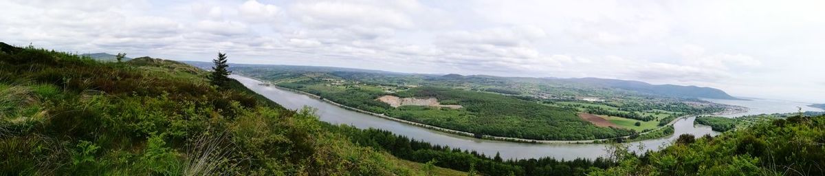 High angle view of river amidst mountains against sky