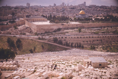 View from the mount of olives overlooking the old city with its jewish cemeteries jerusalem, israel.