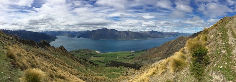 Panoramic view of lake and mountains against sky