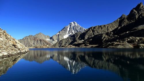 Scenic view of lake and mountains against clear blue sky