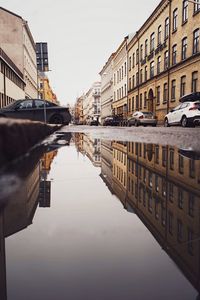 Reflection of buildings in puddle