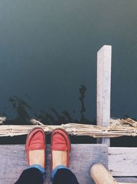 Low section of woman wearing shoes standing on pier