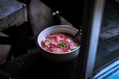 High angle view of soup in bowl on table
