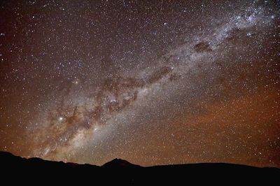 Scenic view of silhouette mountains against star field at night