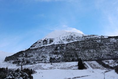 Low angle view of snow covered mountain against sky