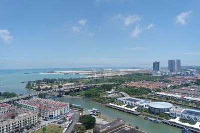 High angle view of buildings against sky