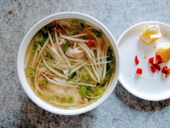 High angle view of noodles in bowl on table