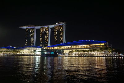 Illuminated modern building by river at night