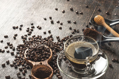 High angle view of coffee beans on table