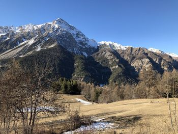 Scenic view of snowcapped mountains against clear sky