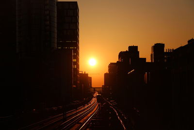 Railroad tracks by silhouette buildings against sky during sunset