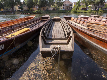 High angle view of boats moored on river