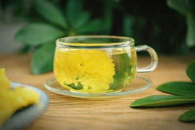 Close-up of green tea with flower in cup