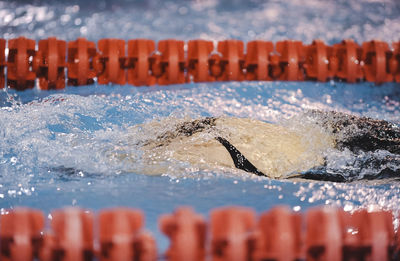 High angle view of woman swimming in pool