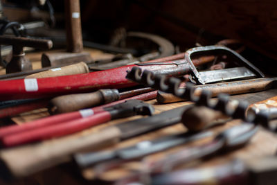 Close-up of tools on workbench