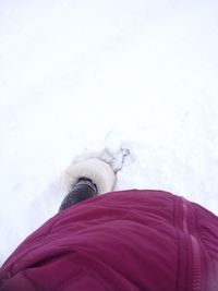 Low angle view of person wearing pink against sky during winter
