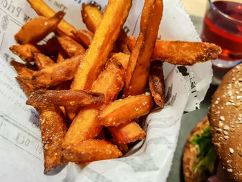 Close-up of meat and fries