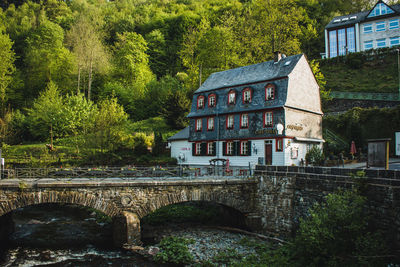 Arch bridge over river amidst trees and buildings