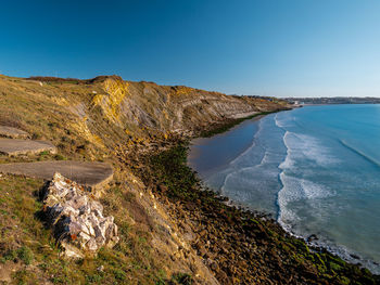 Scenic view of sea against clear blue sky