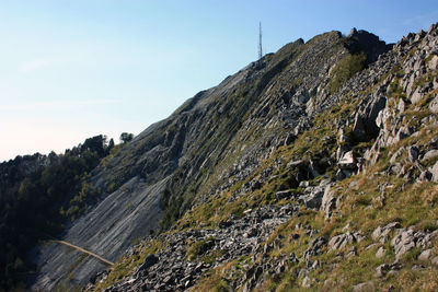 Low angle view of rocky mountains against sky