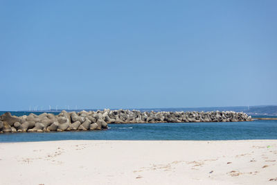 Scenic view of sea against clear blue sky
