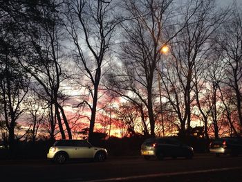 Cars on road at sunset