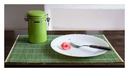 Close-up of dessert served on table