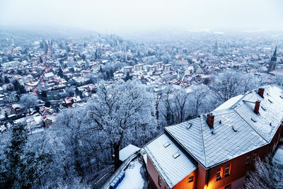 High angle view of townscape against sky during winter