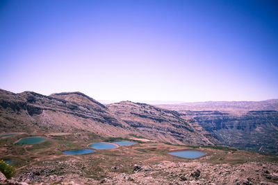 Scenic view of mountains against clear blue sky