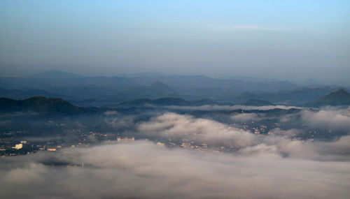 High angle view of mountains against sky