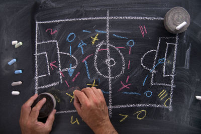 Cropped hands of man drawing with chalk on blackboard