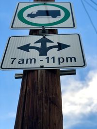 Low angle view of road sign on wooden post against sky