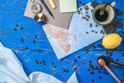 High angle view of coffee on table