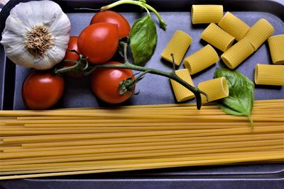 High angle view of vegetables on cutting board