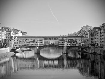 Bridge over river by buildings in city against sky