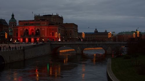 Bridge over river with buildings in background