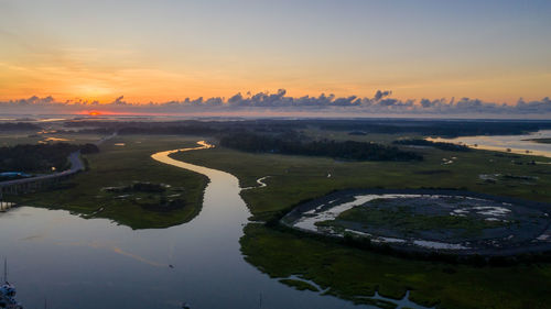 Scenic view of lake against sky during sunset