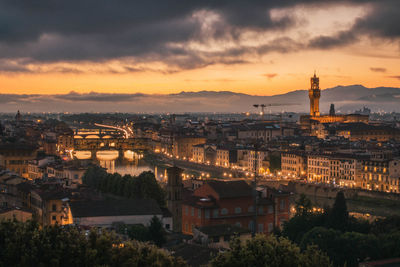 High angle view of illuminated cityscape against sky at sunset