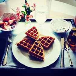 High angle view of dessert in plate on table