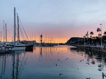 Sailboats moored at harbor against sky during sunset