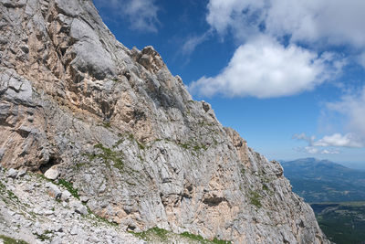 Low angle view of rocky mountains against sky