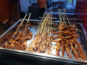 High angle view of skewers for sale at market