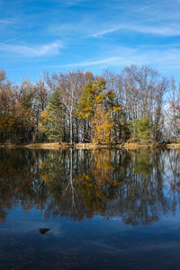 Scenic view of lake by trees against sky