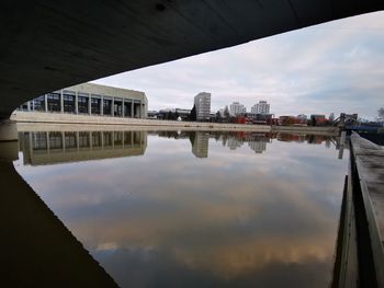 Reflection of bridge and buildings in river