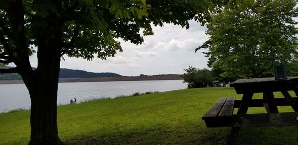 Scenic view of lake and green landscape