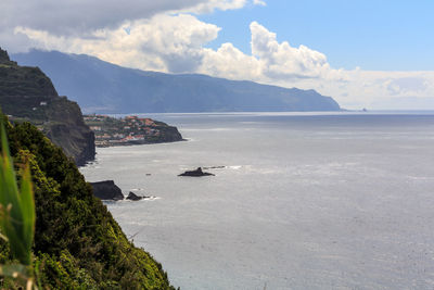 Scenic view of sea and mountains against sky