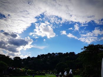 People by trees against sky