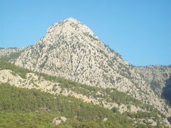 Scenic view of mountains against clear blue sky