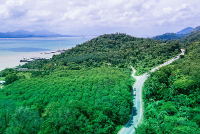 Scenic view of sea and trees against sky