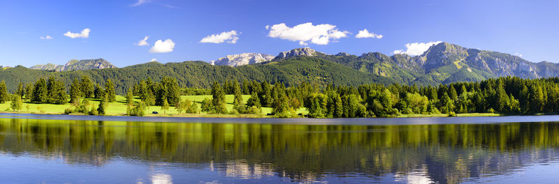 Scenic view of lake by trees against sky